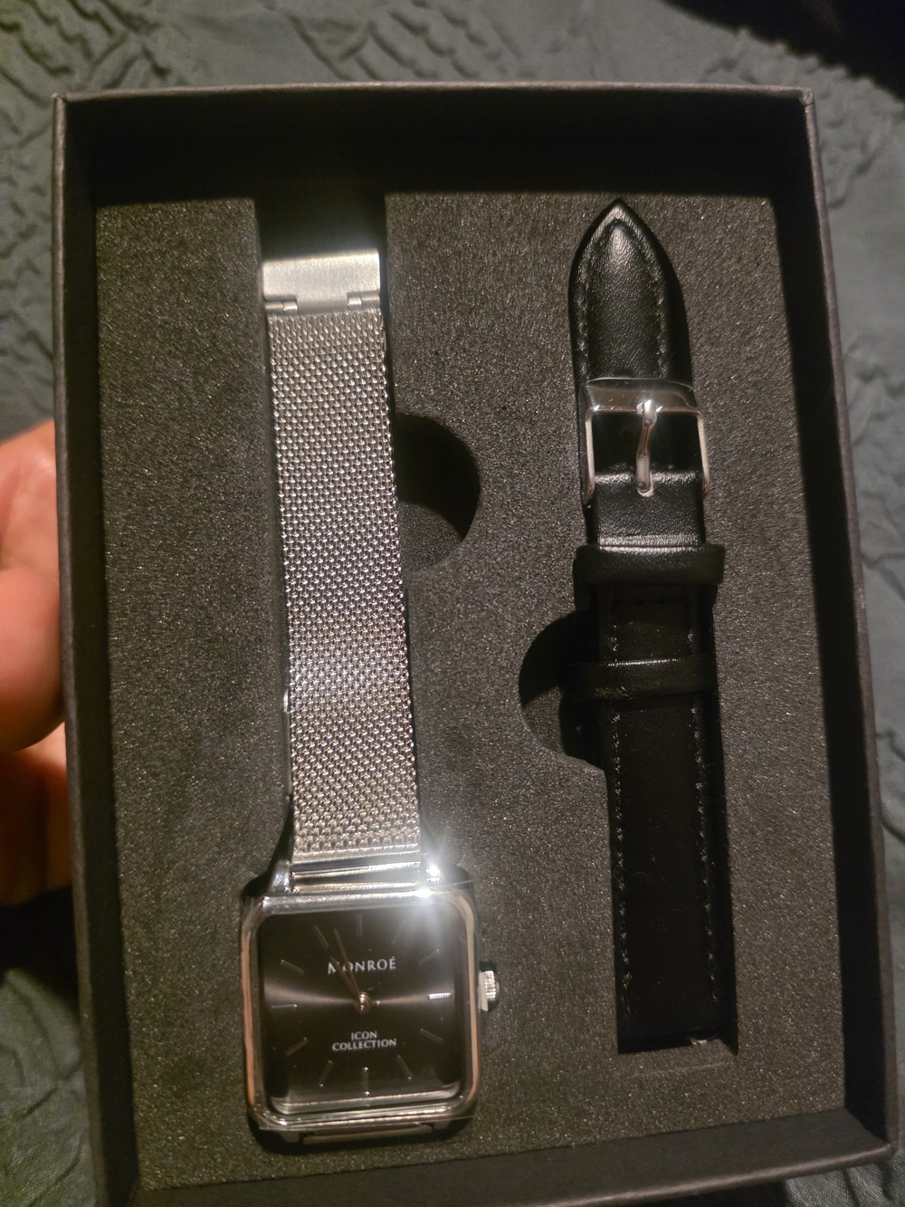 Men's Square Black Dial Watch with Silver Mesh Band and Black Leather Strap